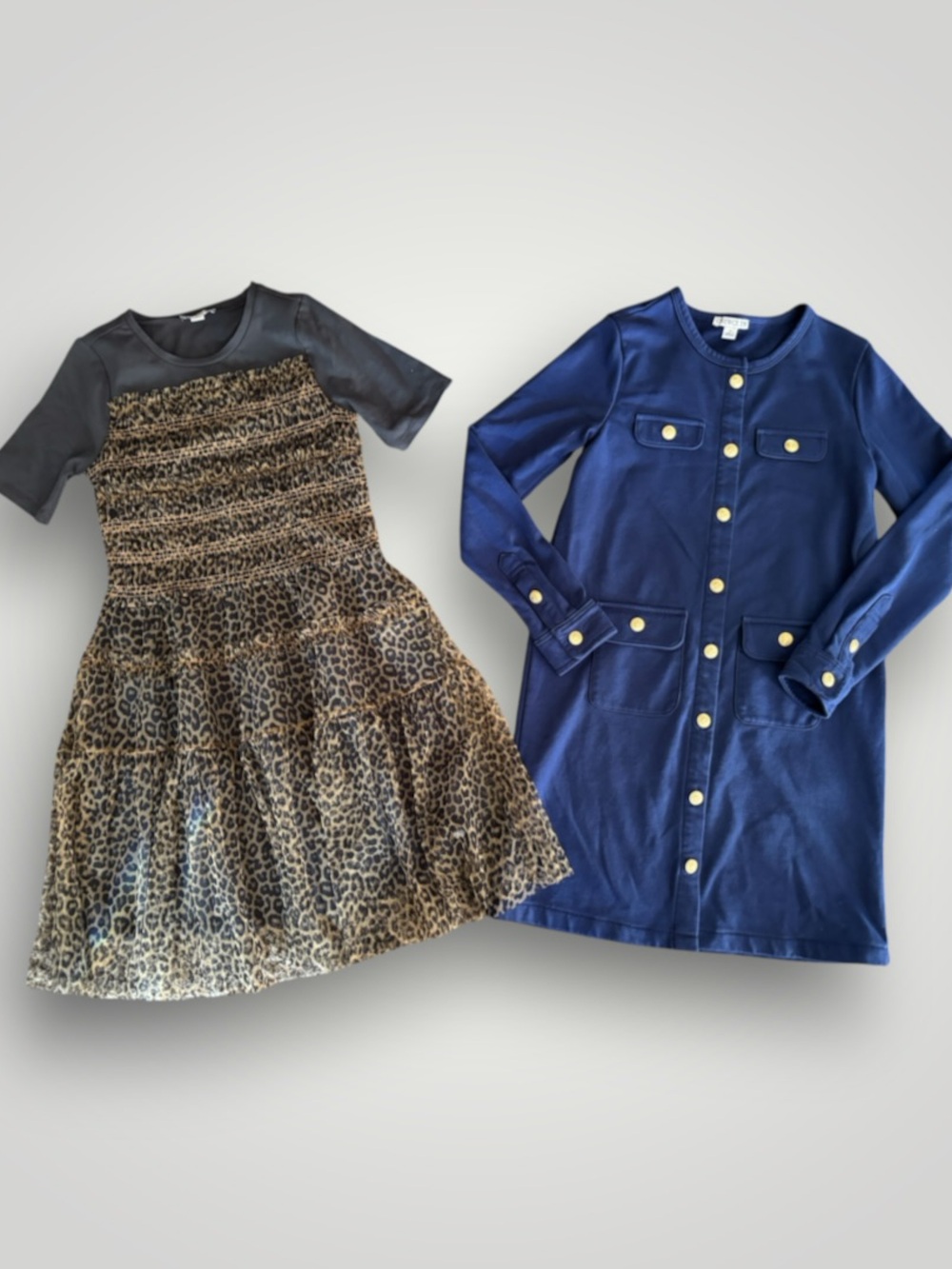 Crewcuts Bundle Leopard Tulle Shirt Dress Navy Knit Gold Buttons Dress Size 10